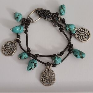 Y2k Lucky Brand Turquoise Stone Silver Charm Bracelet Leather Boho Clip Clasp